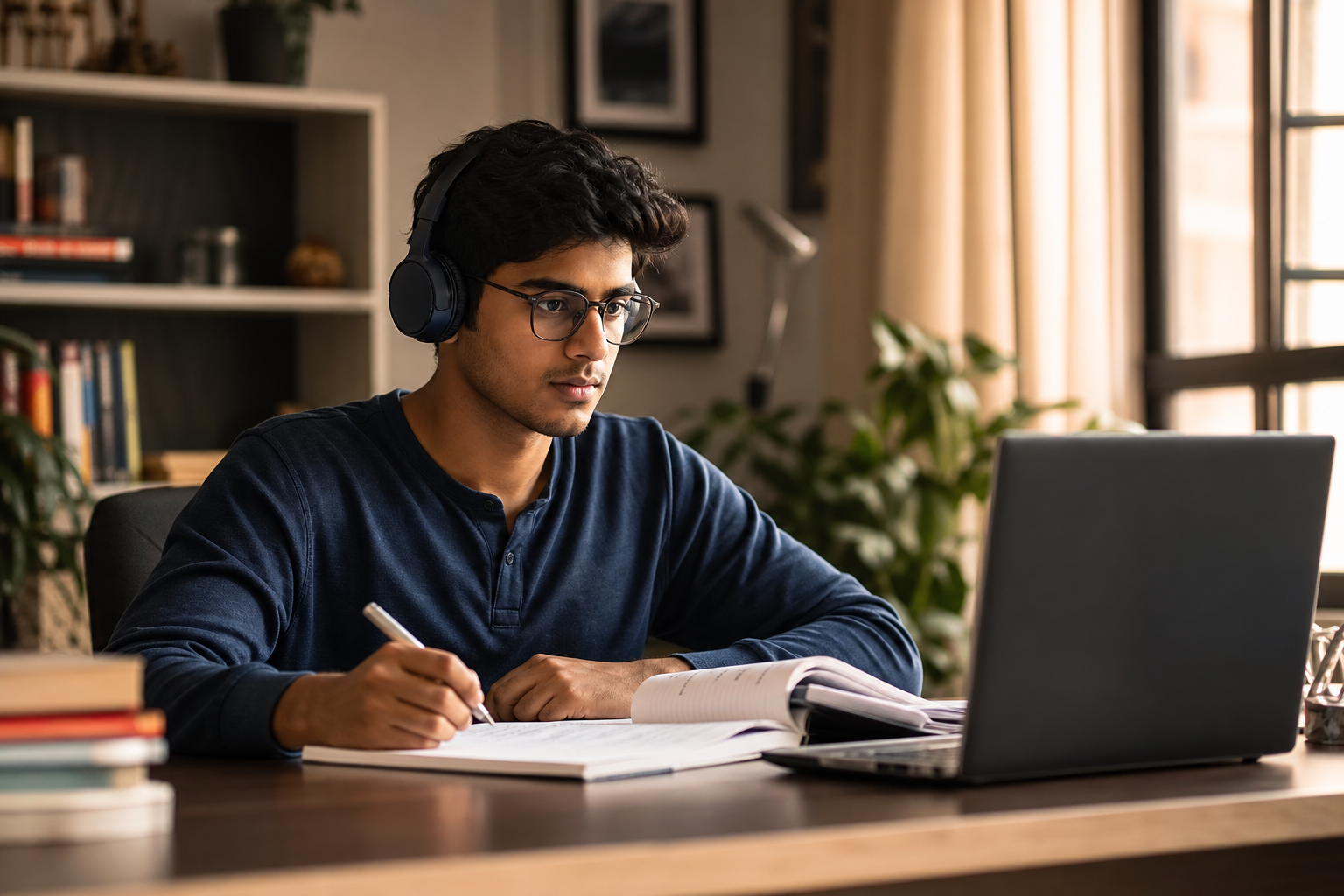 Student in a live online coaching session with headphones and study materials