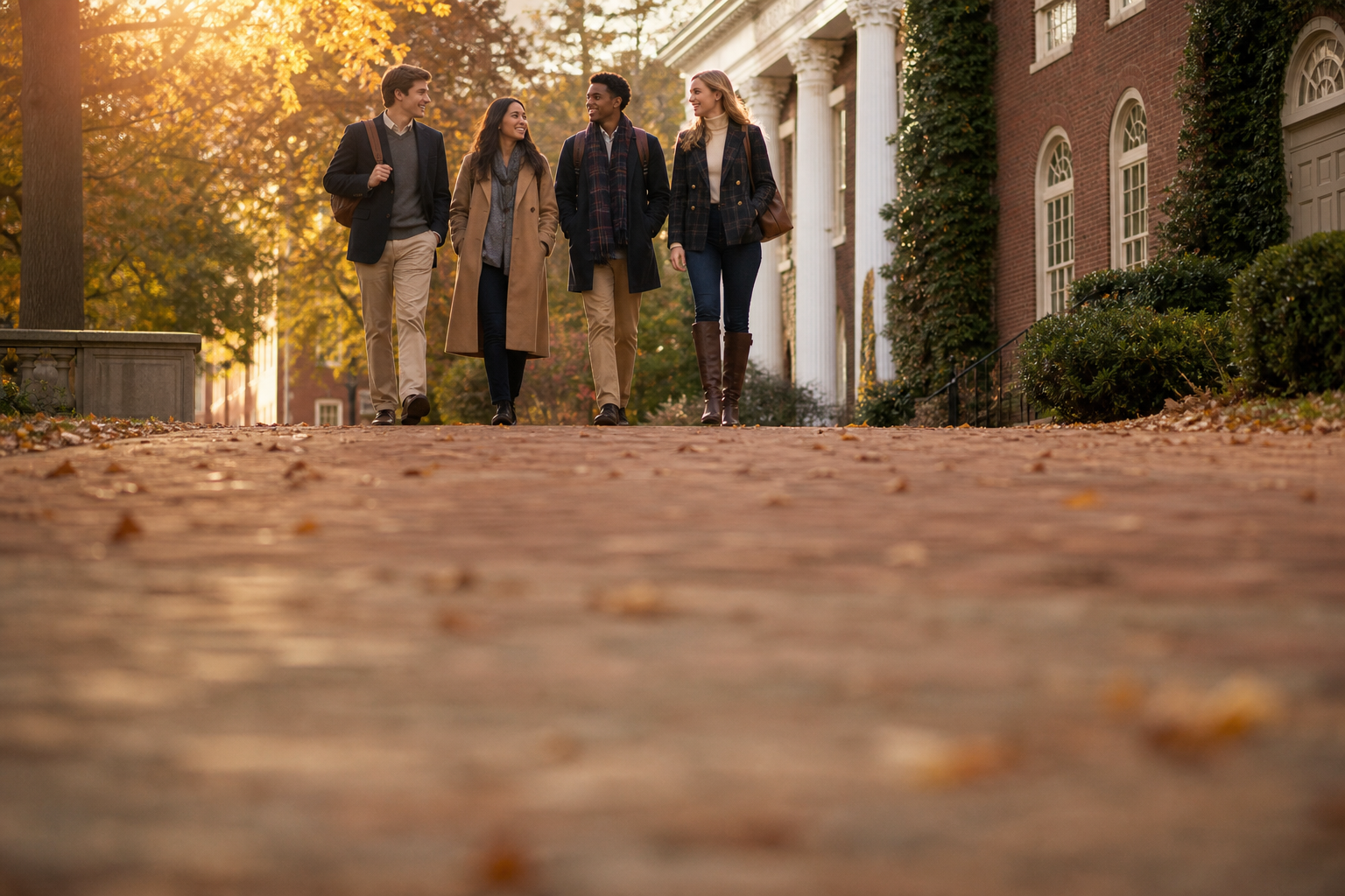 Students walking through an ivy-covered Ivy League campus