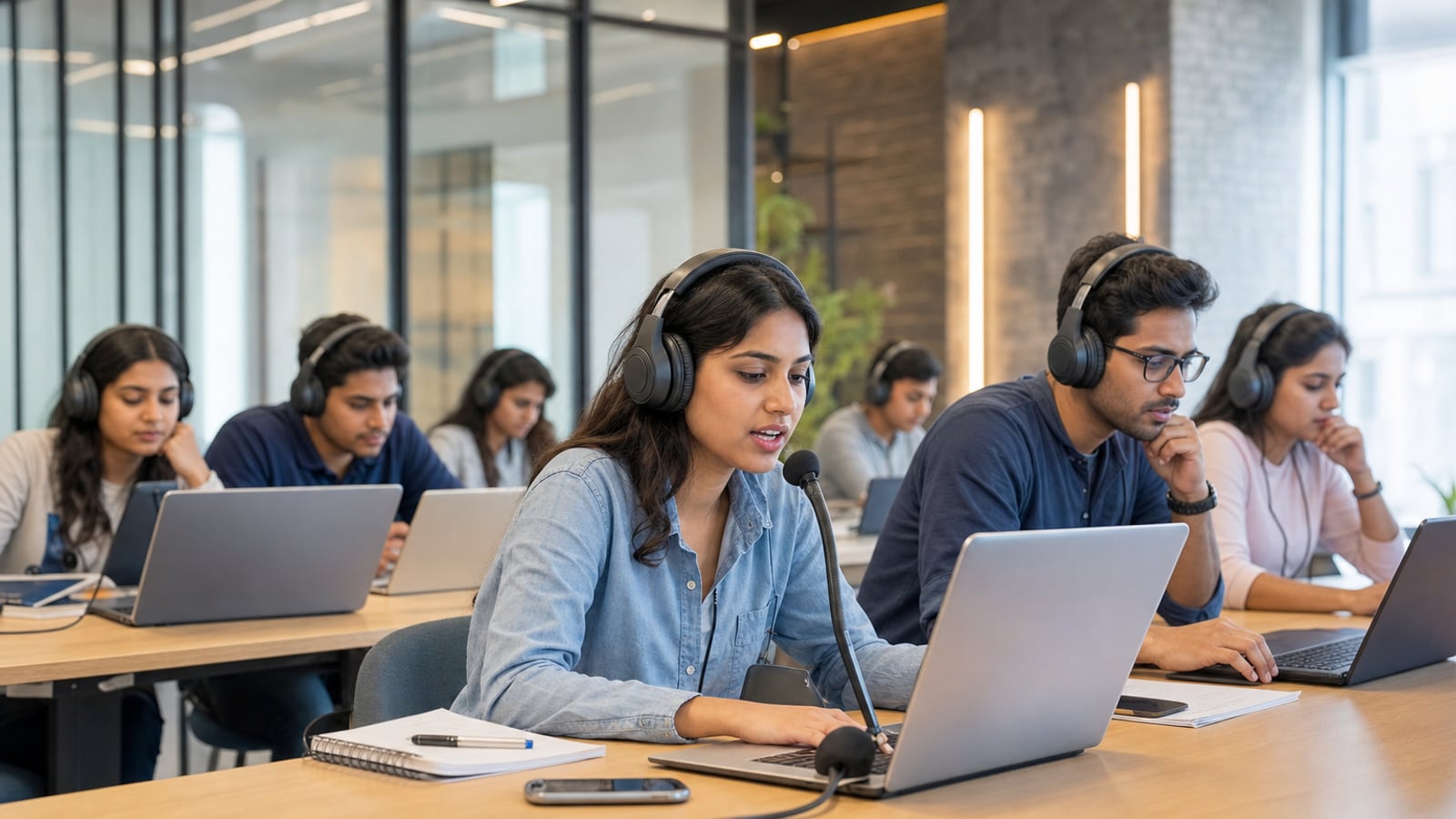 International students preparing for PTE in a modern computer-based learning lab