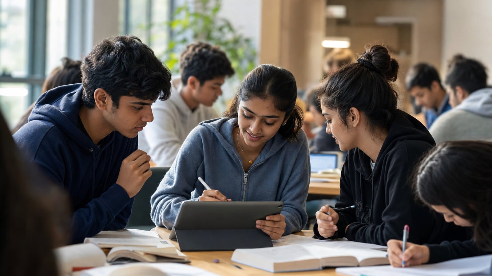 Motivated students preparing for the SAT together in a modern learning center