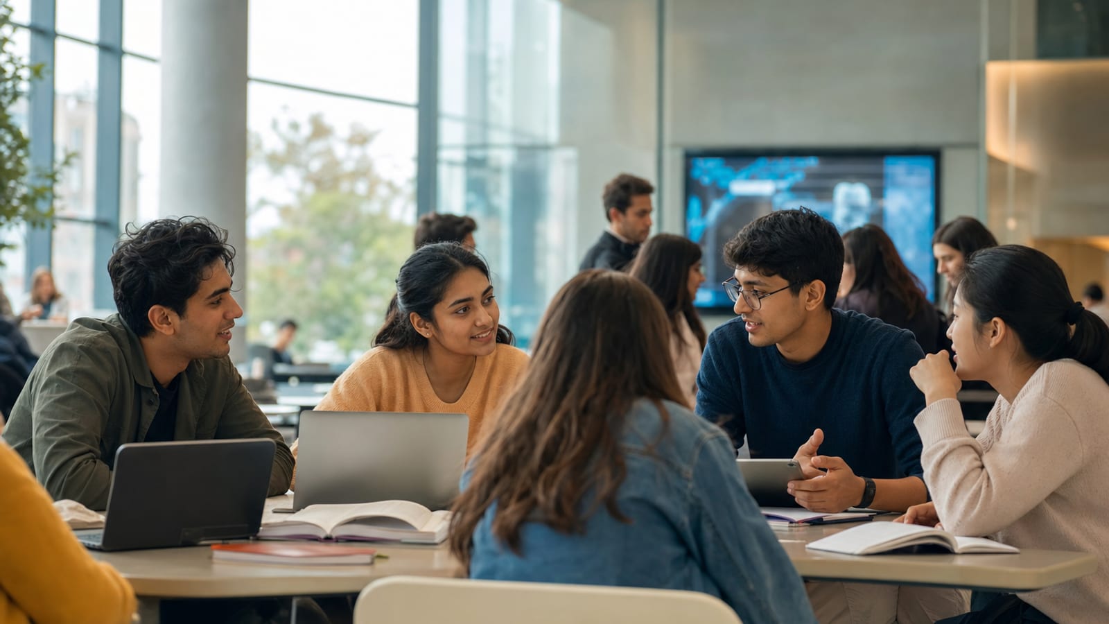 Diverse international students collaborating in a modern university innovation hub